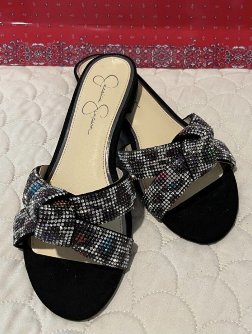 EUC - Jessica Simpson Black Multicolor Rhinestone Knot Slide Sandals